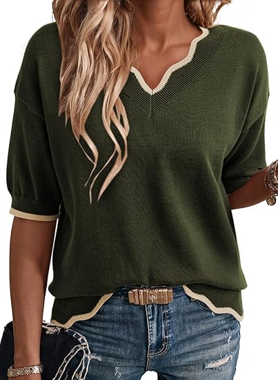 Women's Casual V Neck Short Sleeve Sweater Ribbed Knit Lightweight Sweaters Tops Fashion Clothing Outfits