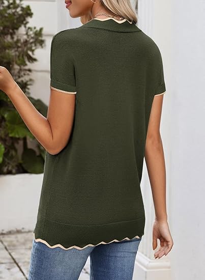 Women's Casual V Neck Short Sleeve Sweater Ribbed Knit Lightweight Sweaters Tops Fashion Clothing Outfits